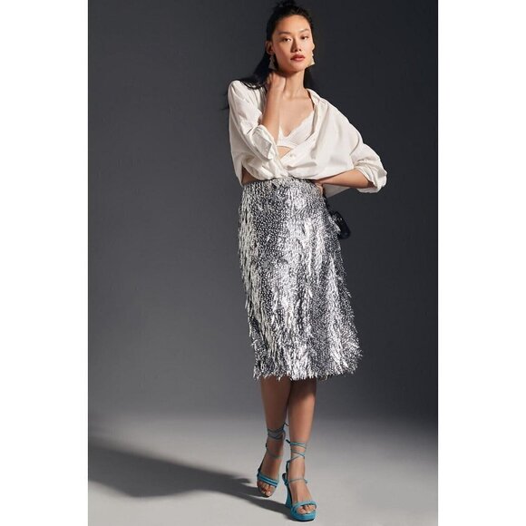 NWT Anthropologie Sequin Fringe Skirt 0P Silver Pencil Cocktail HTF - Picture 1 of 11